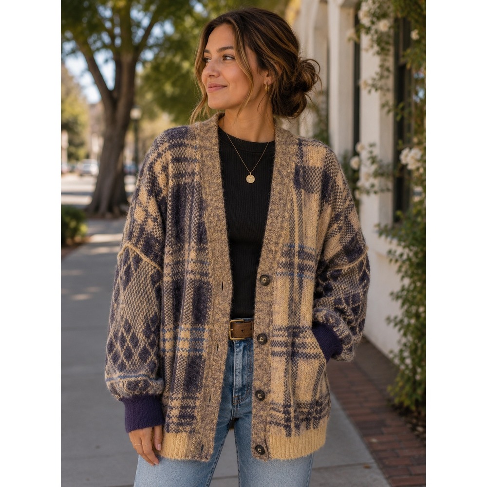 Free People Sea Bright Plaid Cardigan Sweater Tan Navy Purple Wool Blend Small